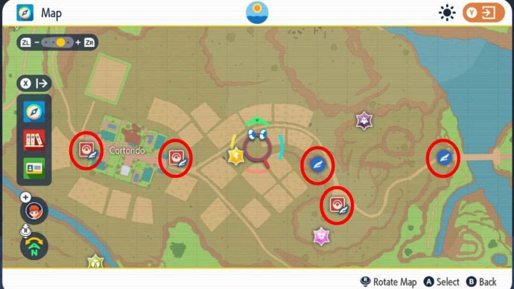 a map of Paldea in Pokemon Scarlet and Violet with the fast travel locations circled 
