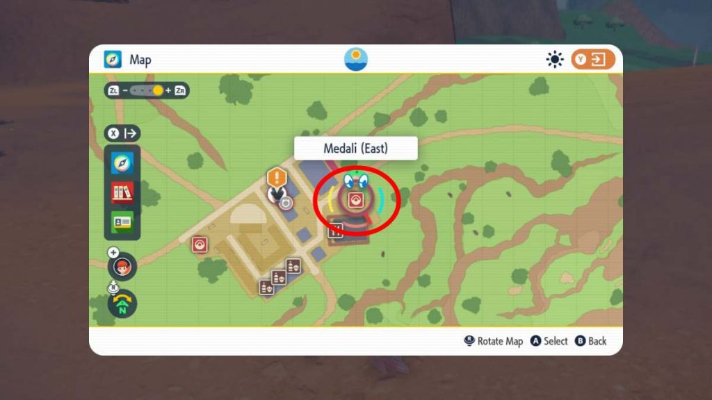 a map showing the Northeast Medali Poke Center in Pokemon Scarlet and Violet