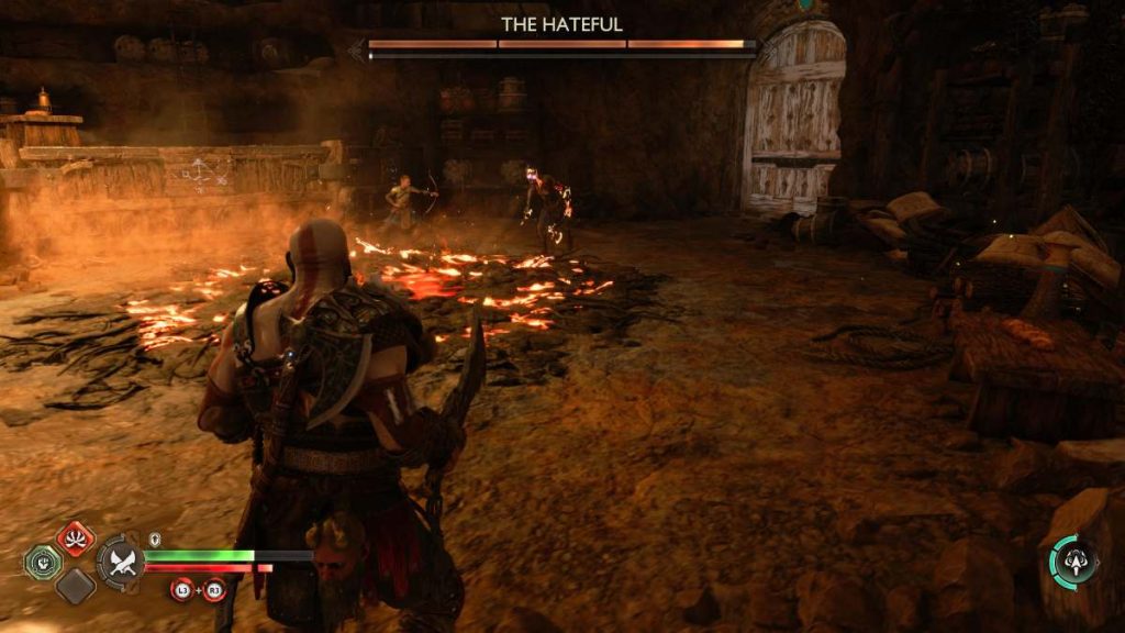 Kratos fighting the Hateful boss in the Applecore God of War Ragnarok