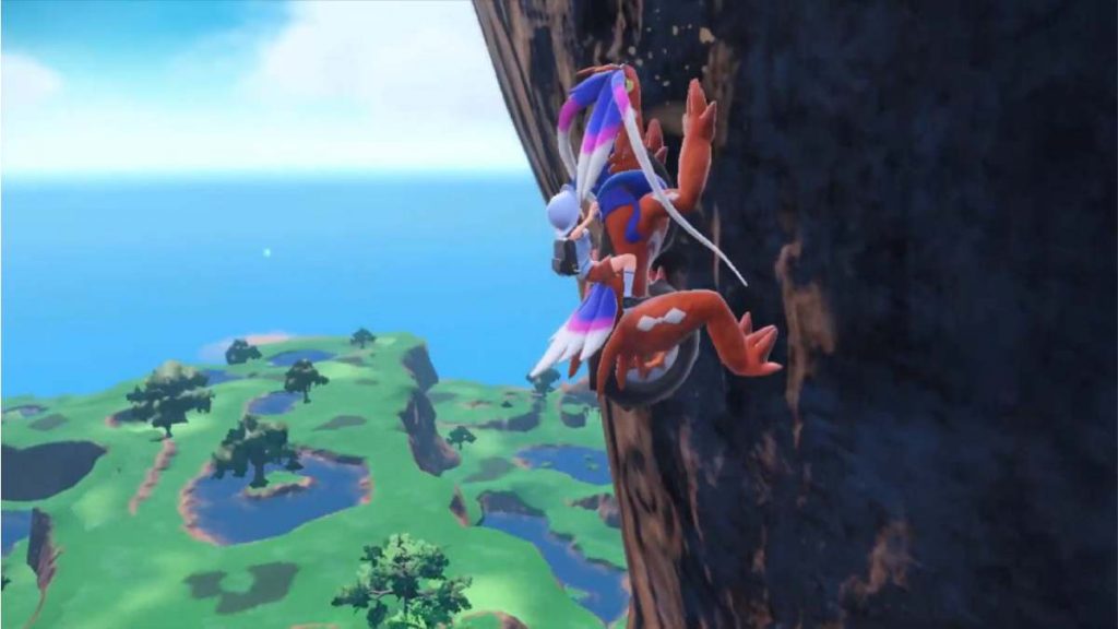 Koraidon climbing up the side of a cliff in Pokemon Scarlet and Violet