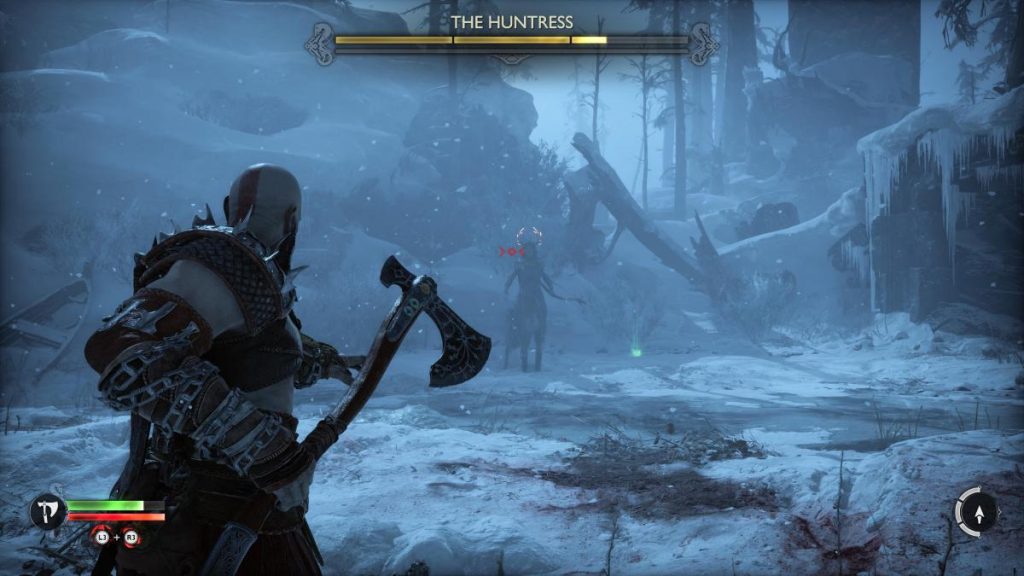 Kratos aiming his Leviathan Axe at the Huntress