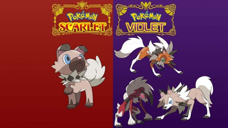 Rockruff and each Lycanroc Form against a purple and red background with the Pokemon Scarlet and Violet logos above them
