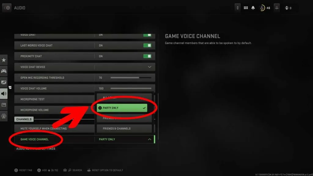 The Game Voice Channel option in Warzone 2