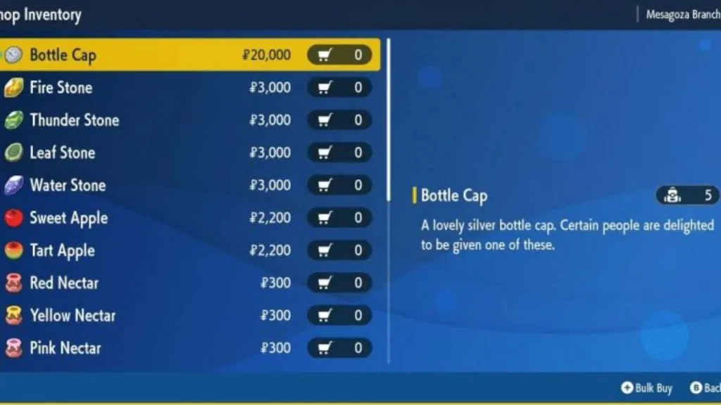 the Delibird Presents menu showing Bottle Caps for sale