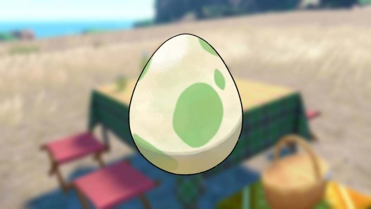 a Pokemon egg on top of a blurred out image of a picnic table