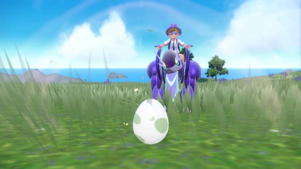 a hatching Pokemon egg next to someone riding Miraidon in Violet and Scarlet