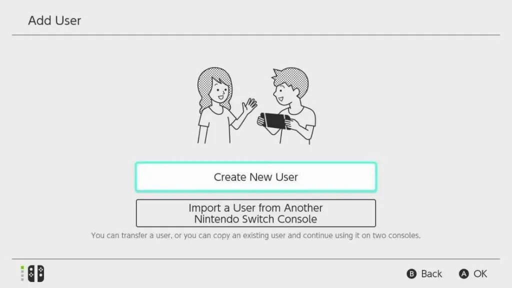 the new user creation screen on the Nintendo Switch