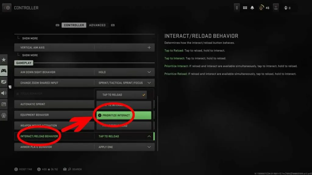 the Prioritize Interact setting in the Controller options menu in Warzone 2
