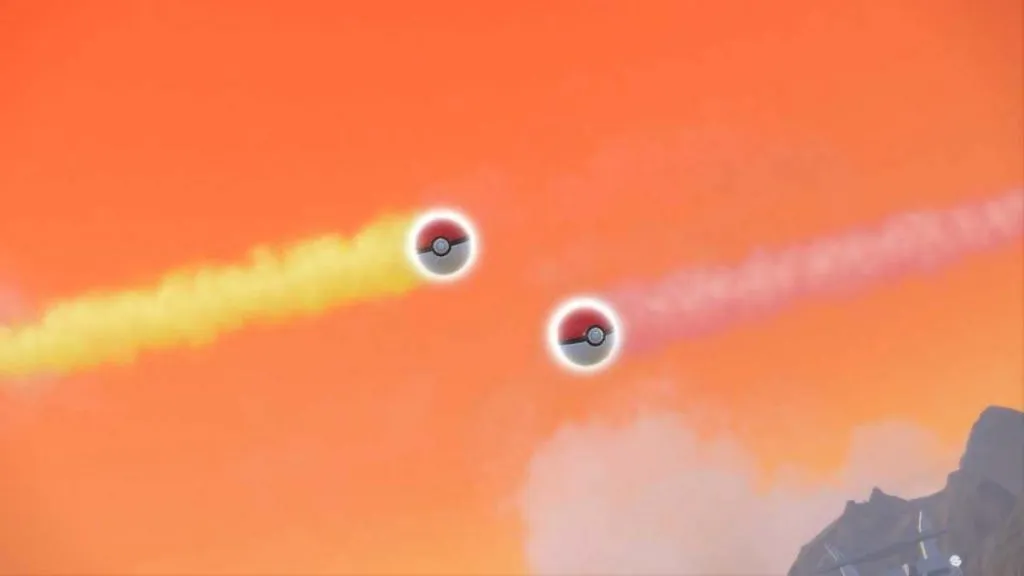 two Poke balls passing each other in the sky in Pokemon Scarlet & Violet