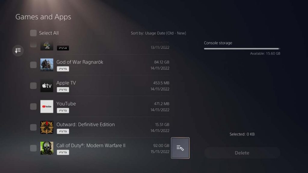 the Console Storage screen on PS5 showing MW2