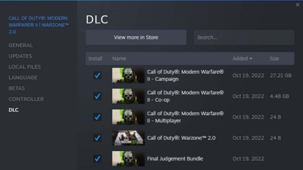 the DLC page for MW2 on Steam