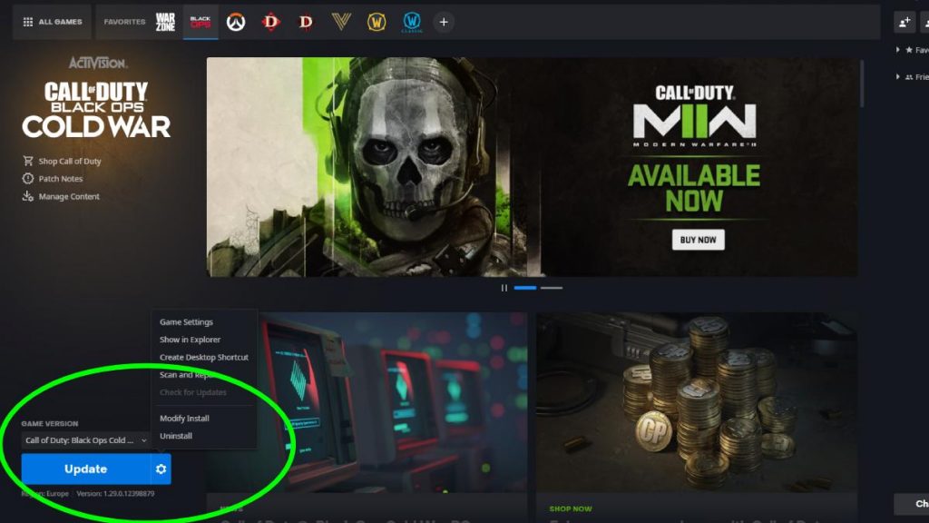 Battle.net displaying how to update CoD
