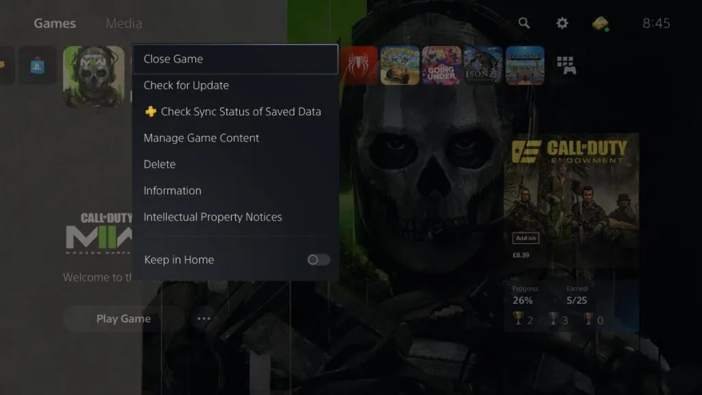 PS5 home screen with drop down menu showing how to update games Modern Warfare 2 