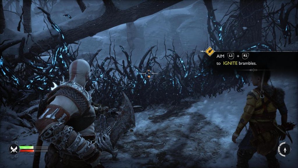 Kratos aiming the Chaos Blades at brambles in God of War Ragnarok