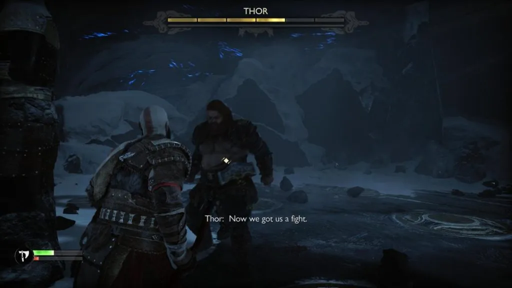 Thor approaching Kratos in God of War Ragnarok with his health bar at the top