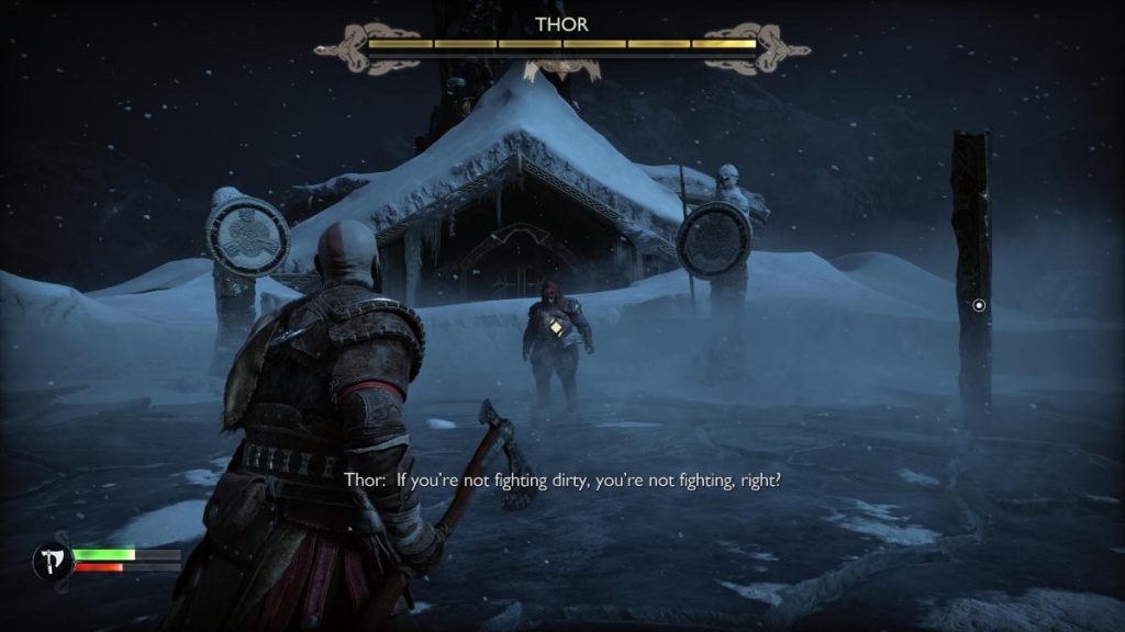 Thor and Kratos stood on the bridge with Thor's health bar above him