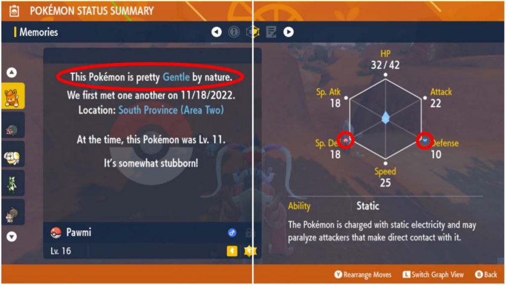 the moves and stats and memories menus in Pokemon Scarlet and Violet showcasing Natures