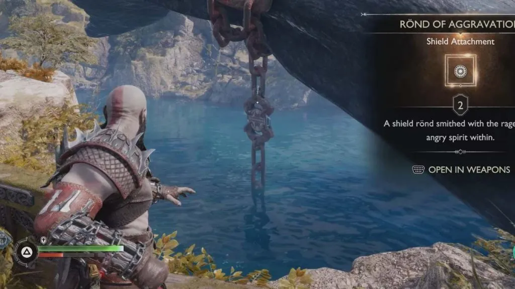 Kratos throwing his axe at the seal on the Lyngbakr's tail while the Rond of Aggravation reward is displayed on screen