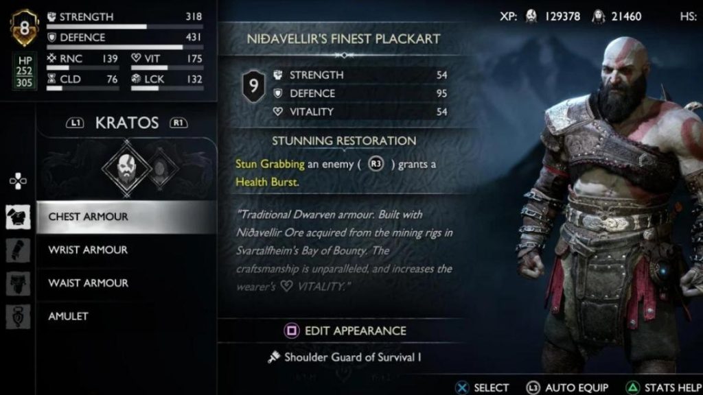 Kratos in the armor menu screen in God of War Ragnarok