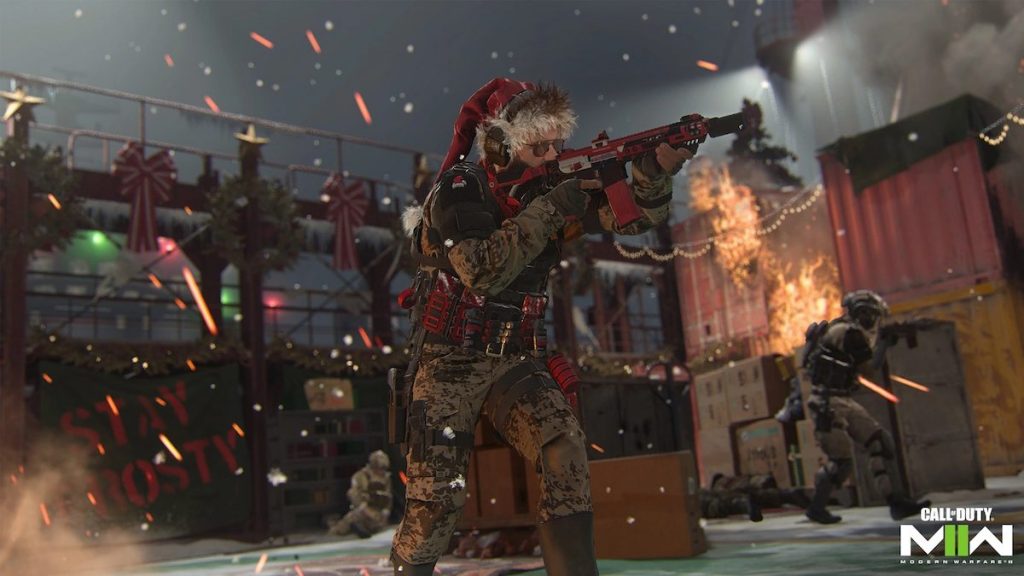 a soldier wearing a santa hat running through the map Shipment in MW2