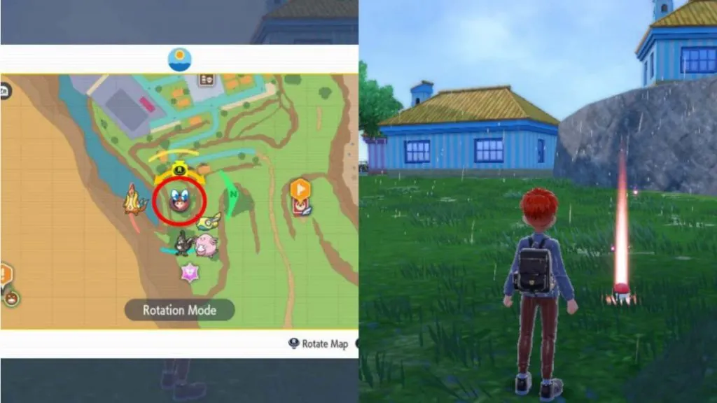 the map of the Chipped Pot location on the left and the player discovering it on the right in Pokemon Scarlet and Violet