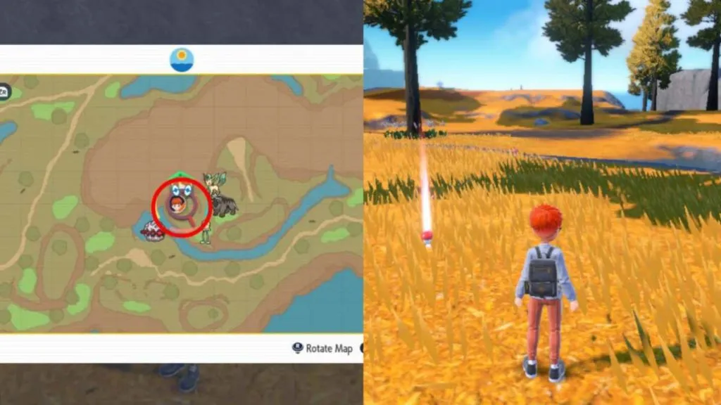 the map of the Cracked Pot location on the left and the player discovering it on the right in Pokemon Scarlet and Violet