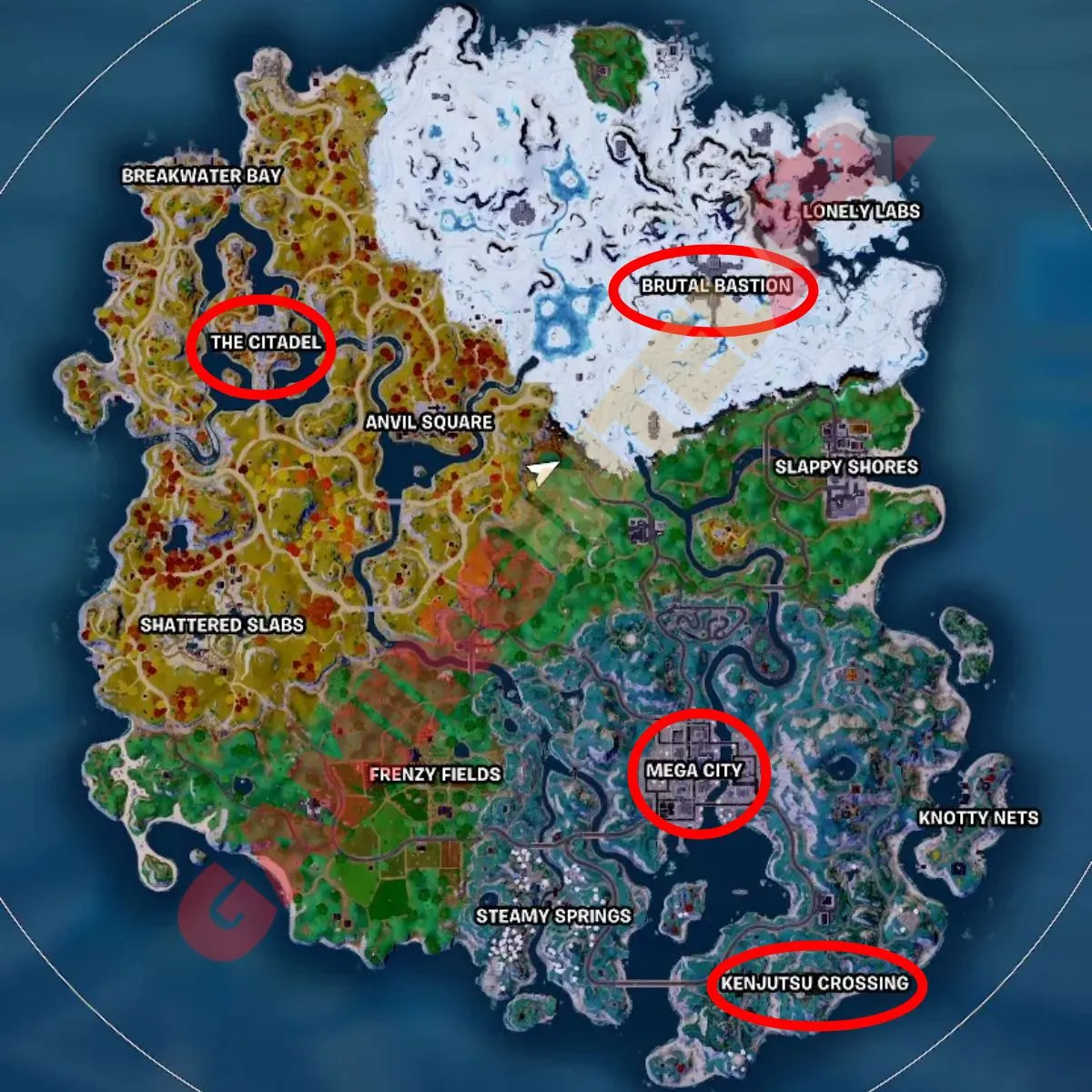 The Citadel, Mega City, Brutal Bastion and Kenjutsu Crossing marked on the Fortnite Chapter 4 Season 2 map