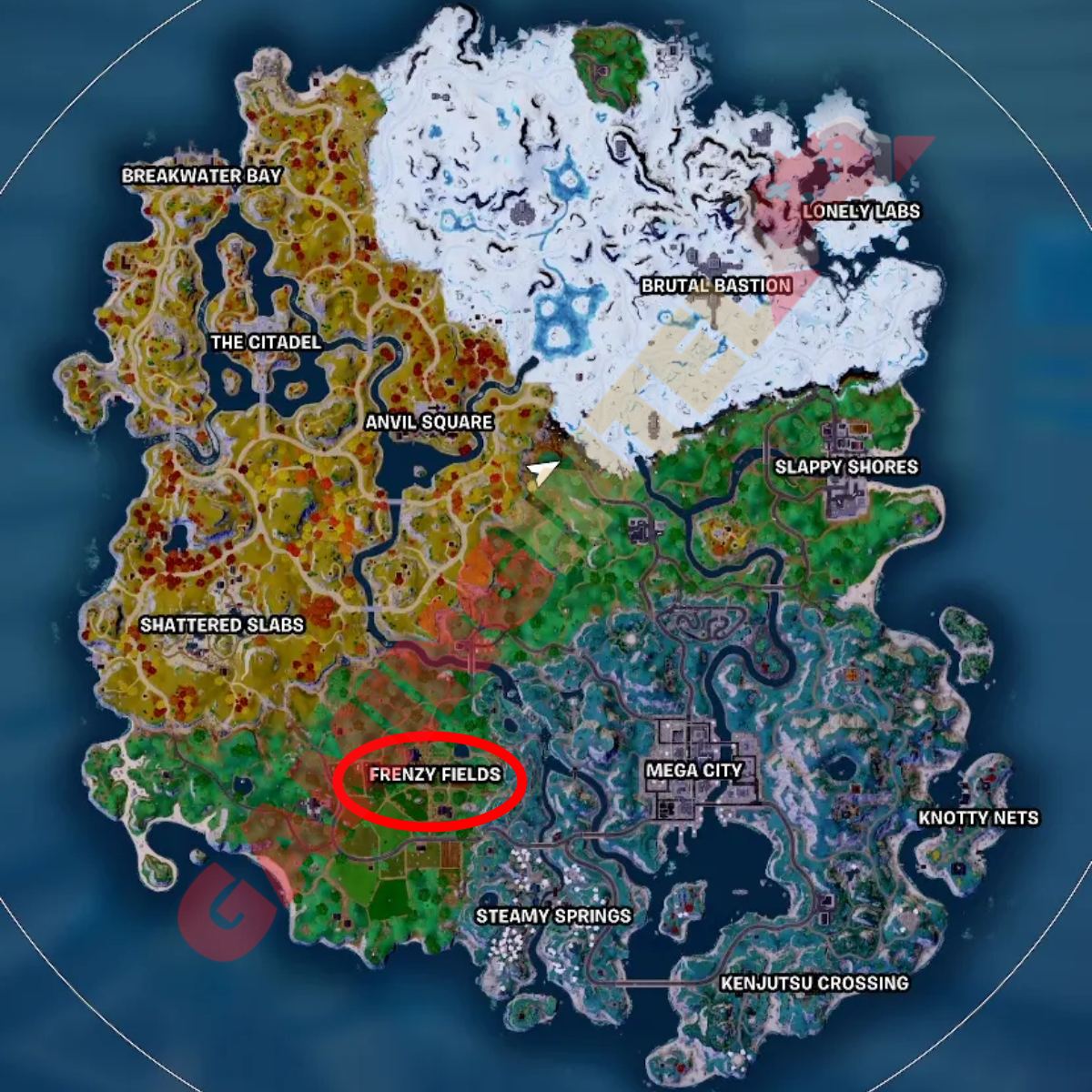 Frenzy Fields marked on the Fortnite Chapter 4 Season 2 map