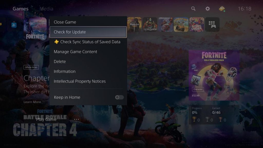 the option to Check for Update on PS5 for Fortnite