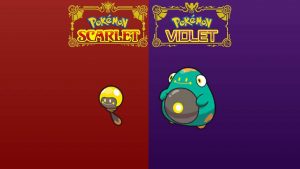 Tadbulb and Bellibolt against a purple and red background with the Scarlet and Violet logo above it