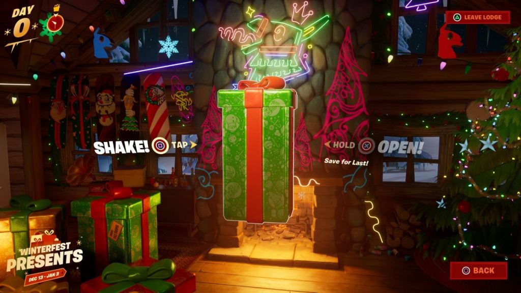 Opening a present in Fortnite Chapter 4 Season 1
