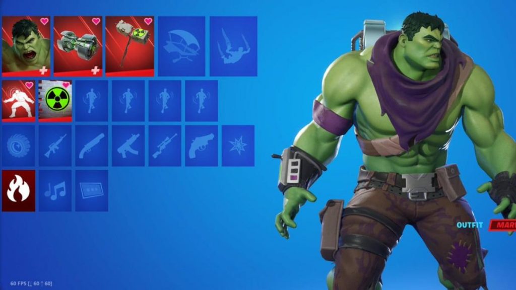 The Hulk skin in Fortnite with its various accessories