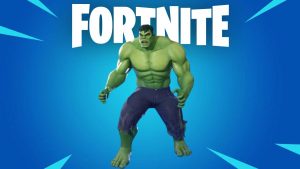 the Hulk against a blue background with the Fortnite logo in front of him