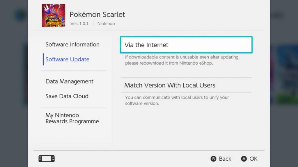 the software update screen for Pokemon Scarlet and Violet for Update 1.1.0