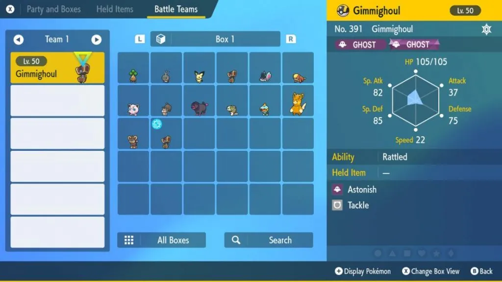 the Boxes menu in Pokemon Scarlet & Violet with a Battle Team being made