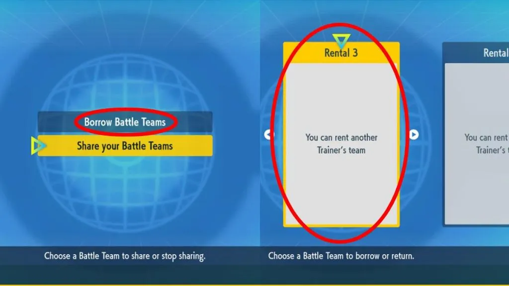 the option to rent a team in Pokemon Scarlet & Violet circled next to the a circled rental box