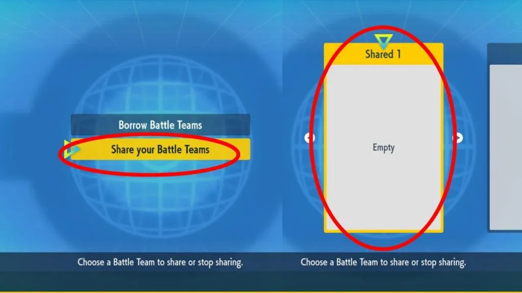 the option to share your battle team circled on the left and a shared box on the right