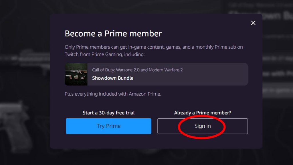 Signing into Prime Gaming screen