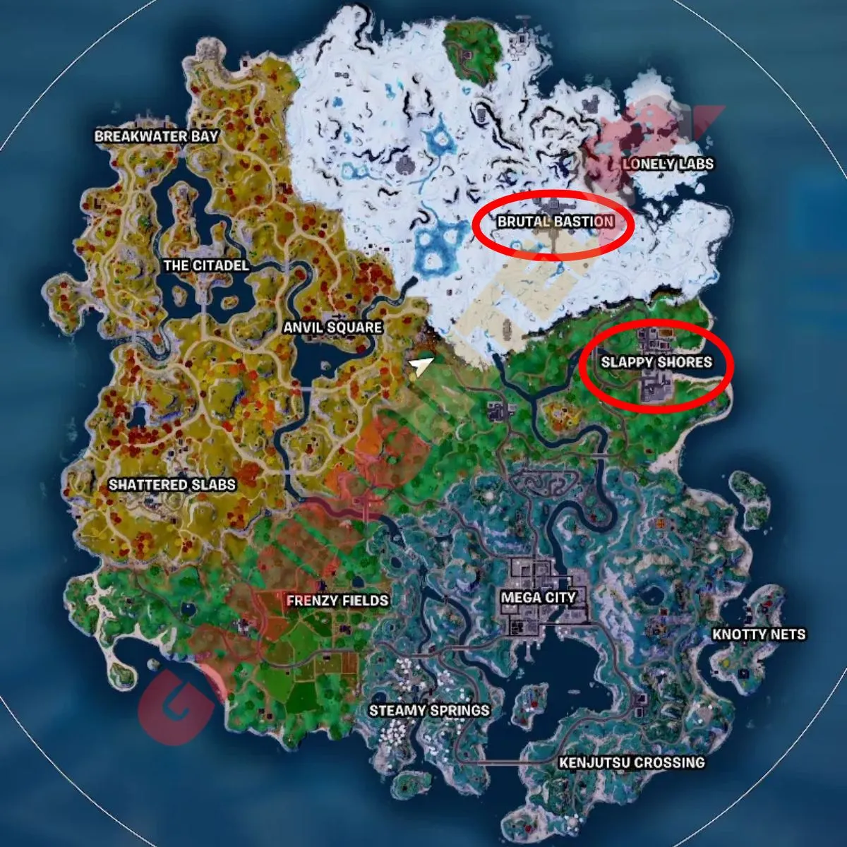 Brutal Bastion and Slappy Shores marked on the Fortnite Chapter 4 Season 2 map