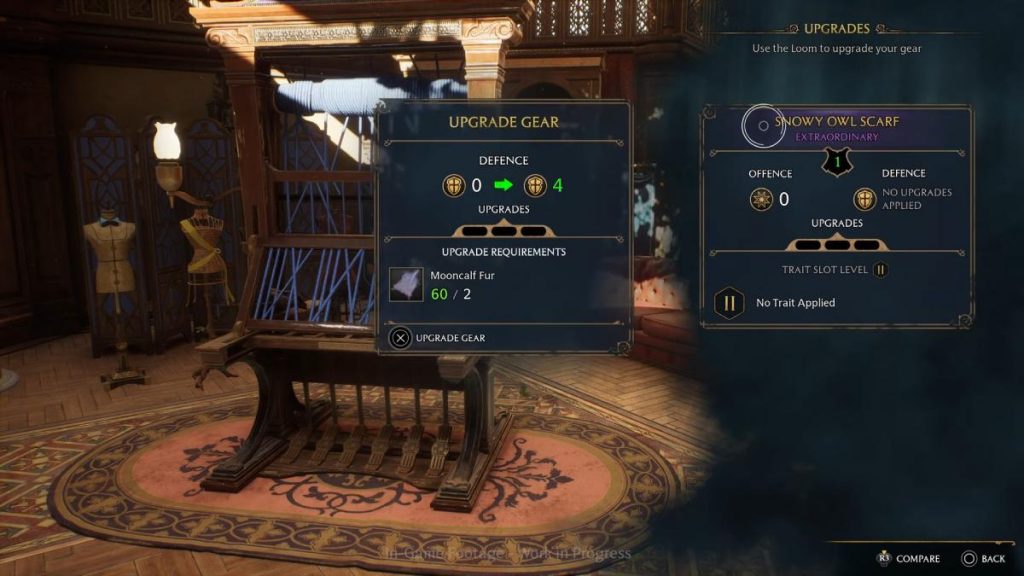 the gear upgrade screen in Hogwarts Legacy