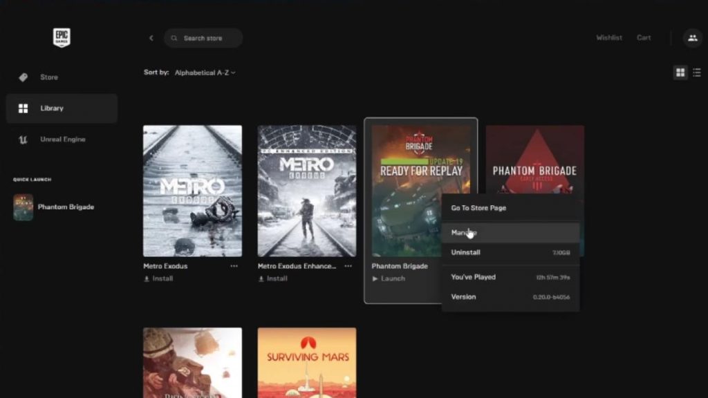 the option to manage files in the Epic Games Launcher