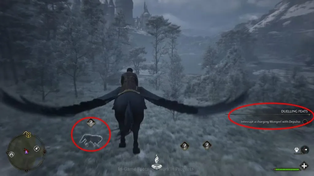 the player flying on a Hippogriff over Mongrels in Hogwarts Legacy
