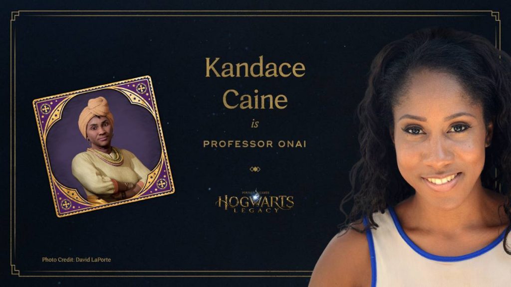 a picture of Kandace Caine next to a picture of Professor Onai from Hogwarts Legacy