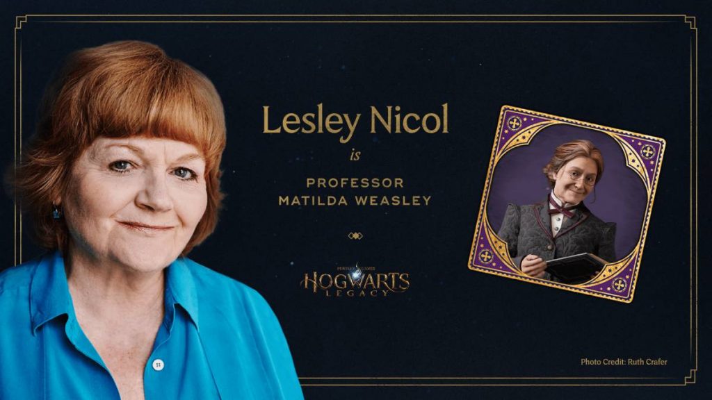 a picture of Lesley Nicol next to a picture of Professor Matilda Weasley from Hogwarts Legacy
