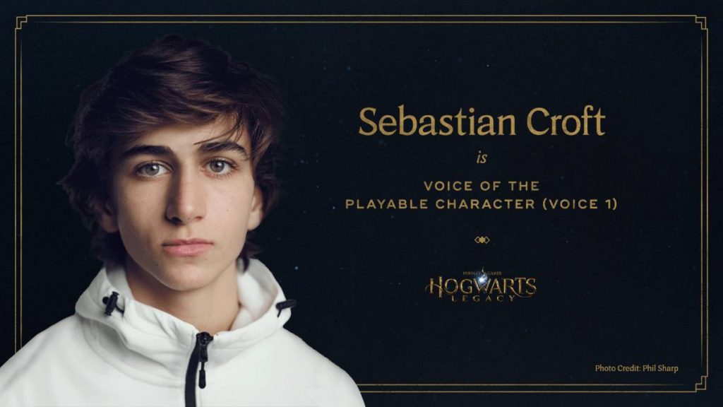 a picture of Sebastian Croft next to the Hogwarts Legacy Logo