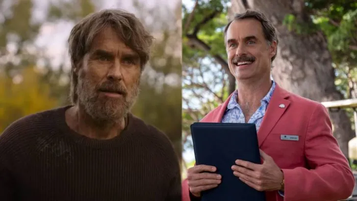 Murray Bartlett as Frank from The Last of Us on the left and Murray Bartlett as Armond from The White Lotus on the right