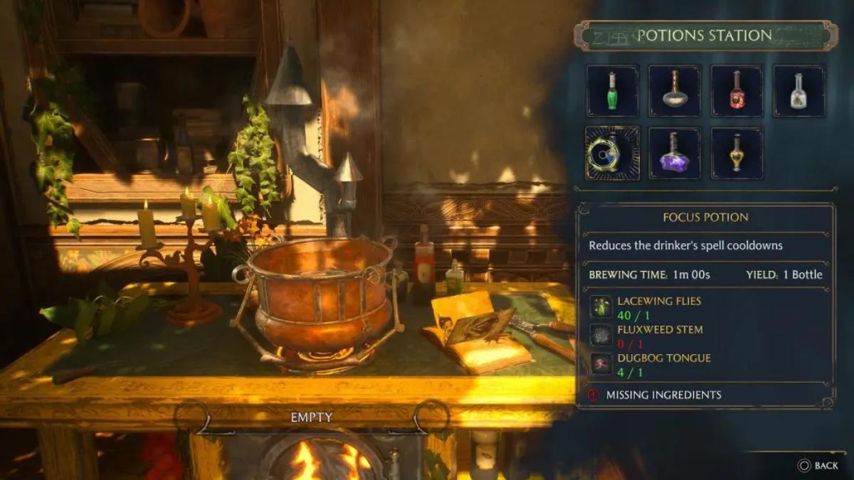 a potions table in Hogwarts Legacy brewing a Focus Potion