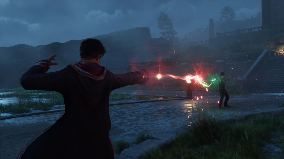 the player character fighting in Hogwarts Legacy