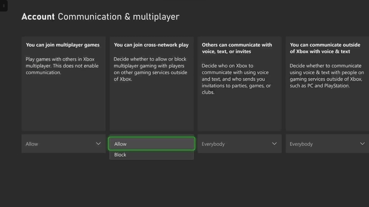 Cross network play menu Xbox