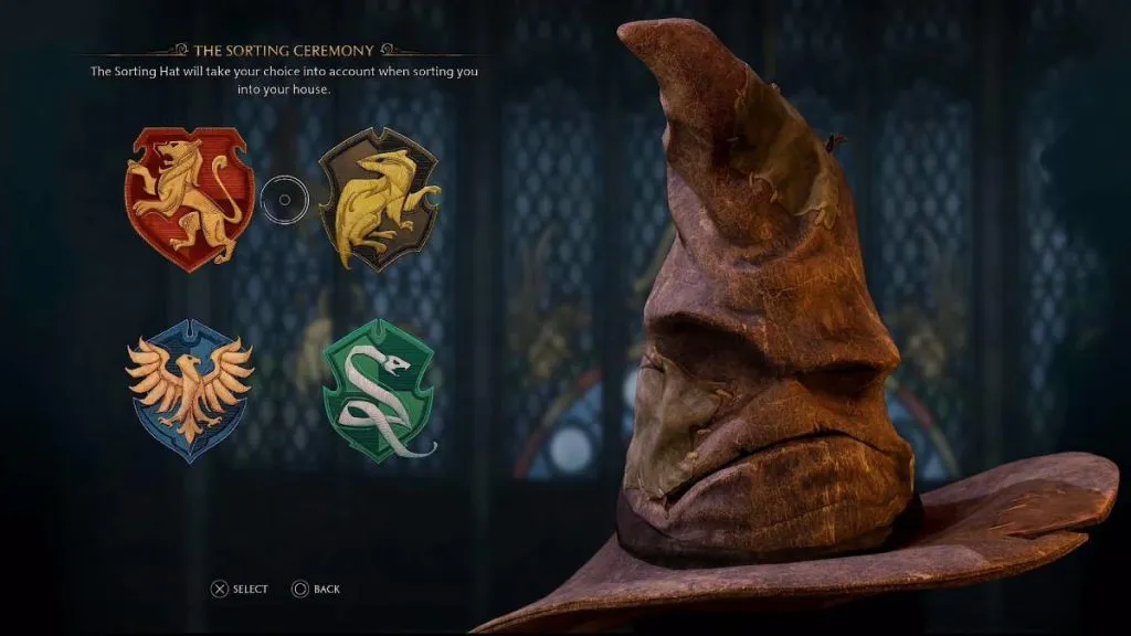 The Hogwarts Legacy House emblems next to the sorting hat.